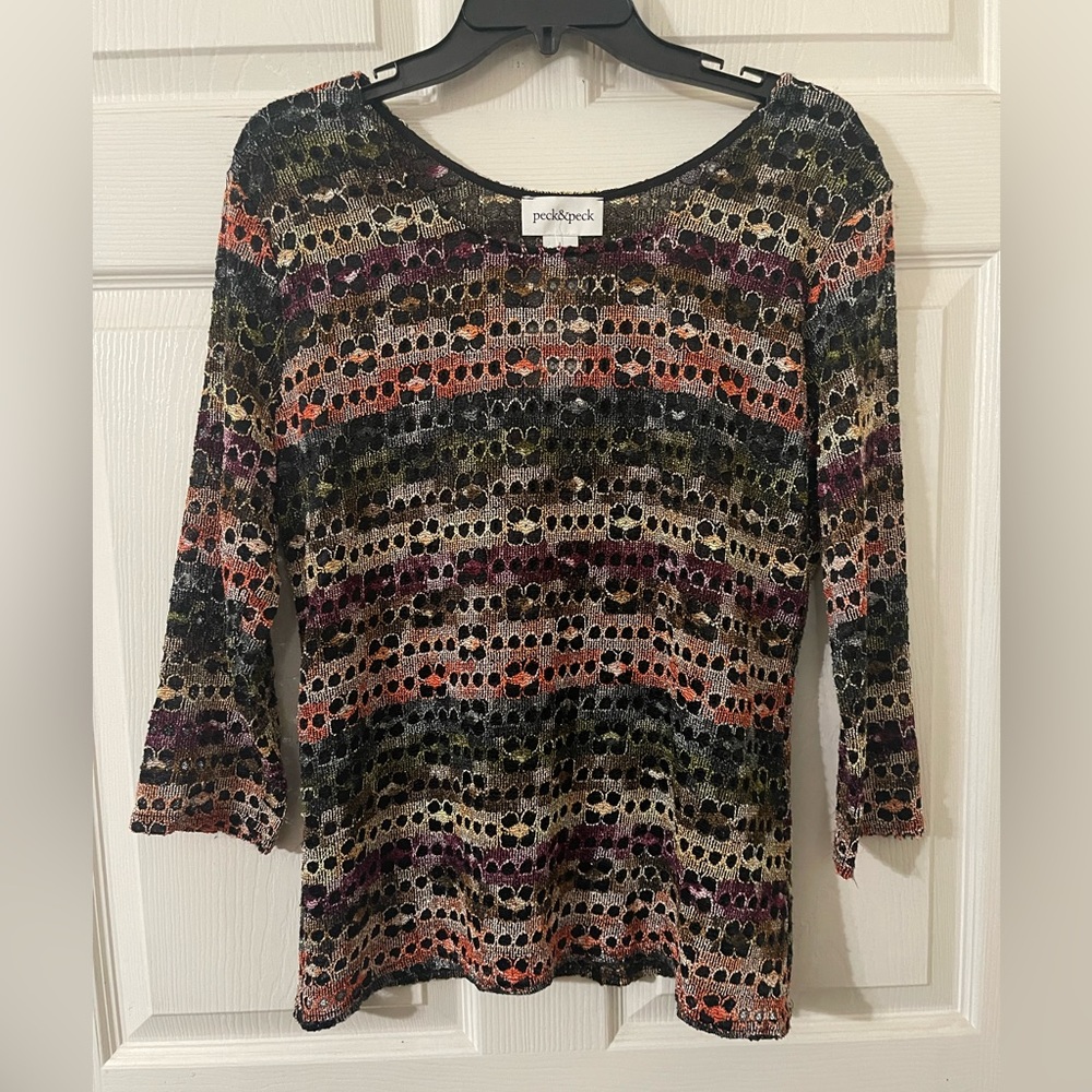 Peck and Peck sheer multi colored top 3/4 sleeves with black liner Size Large
